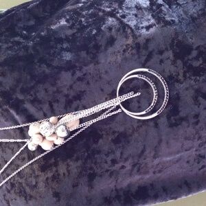 2 Long Pendant Tassel  Silver and Cream Necklaces 30 & 34 In.